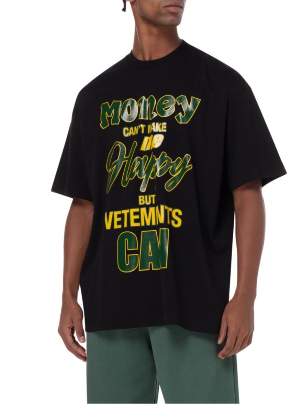 Vetements Black Short-Sleeve Graphic Tee with Yellow and Green Lettering